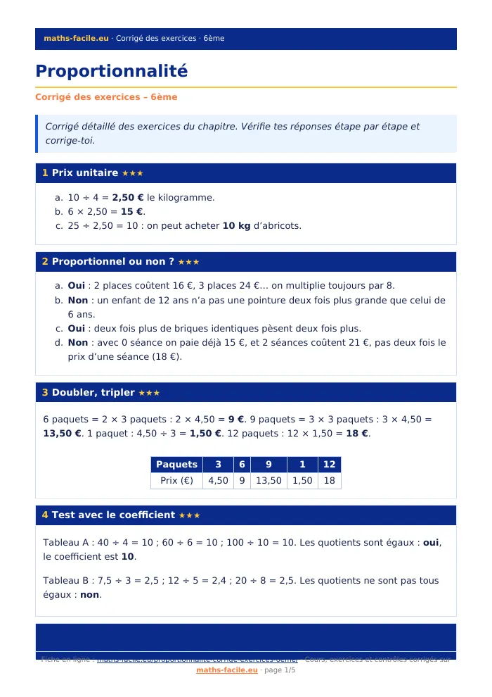 Fiche PDF : Proportionnalité (6ème)