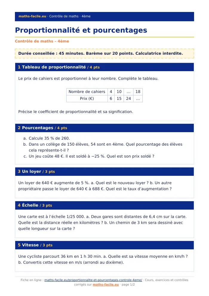 Fiche PDF : Proportionnalité et pourcentages (4ème)
