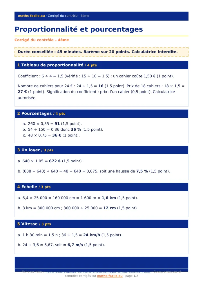 Fiche PDF : Proportionnalité et pourcentages (4ème)