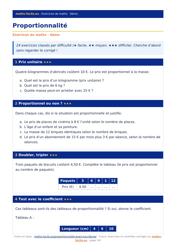 Fiche PDF : Proportionnalité (6ème)