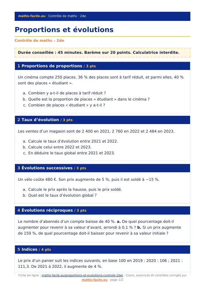 Fiche PDF : Proportions et évolutions (2de)