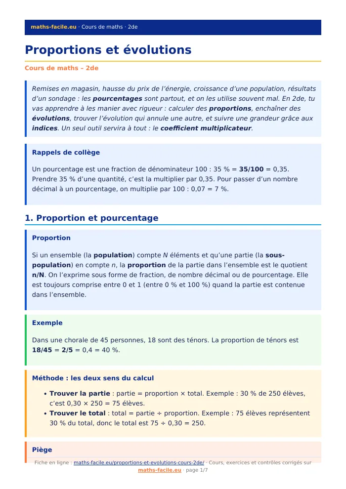 Fiche PDF : Proportions et évolutions (2de)