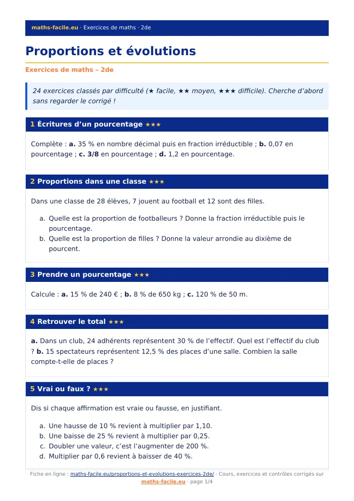 Fiche PDF : Proportions et évolutions (2de)