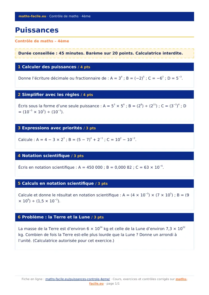 Fiche PDF : Puissances (4ème)