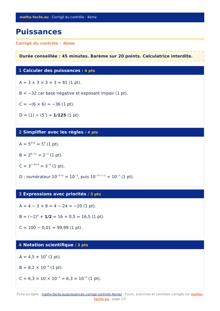 Fiche PDF : Puissances (4ème)