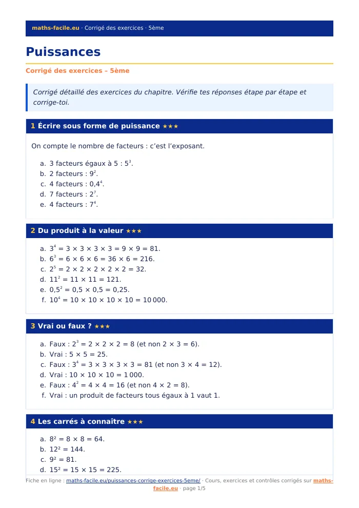 Fiche PDF : Puissances (5ème)