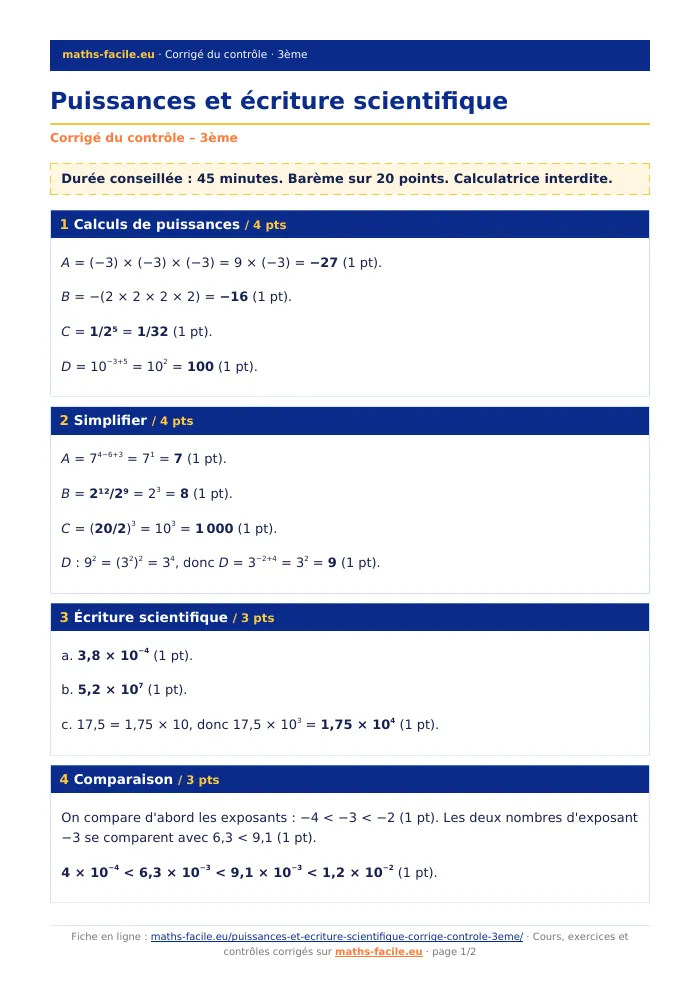 Fiche PDF : Puissances et écriture scientifique (3ème)