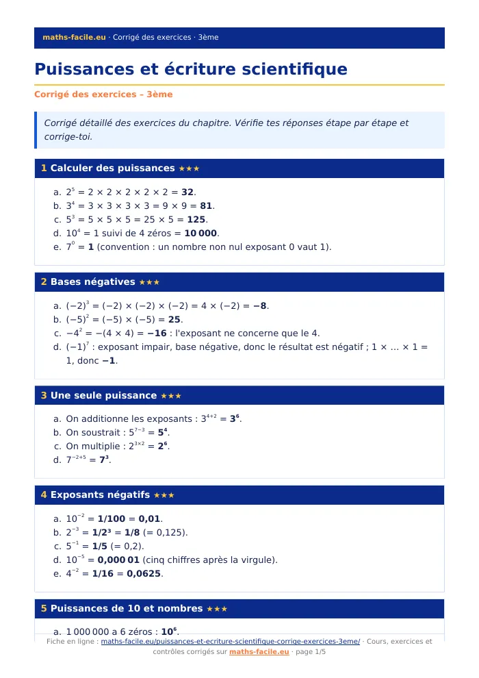 Fiche PDF : Puissances et écriture scientifique (3ème)