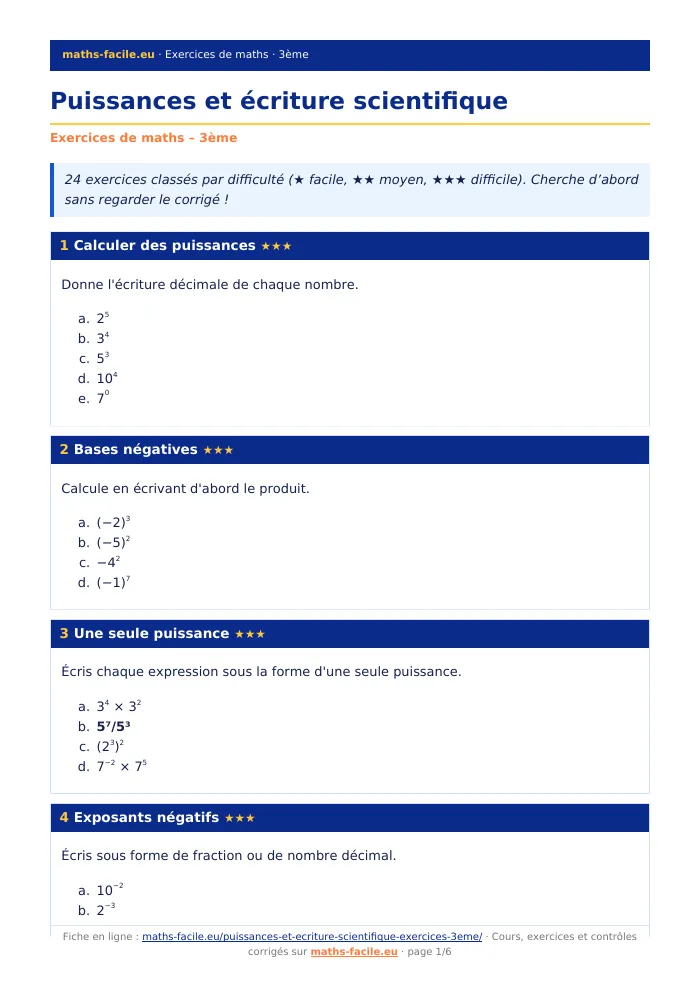 Fiche PDF : Puissances et écriture scientifique (3ème)