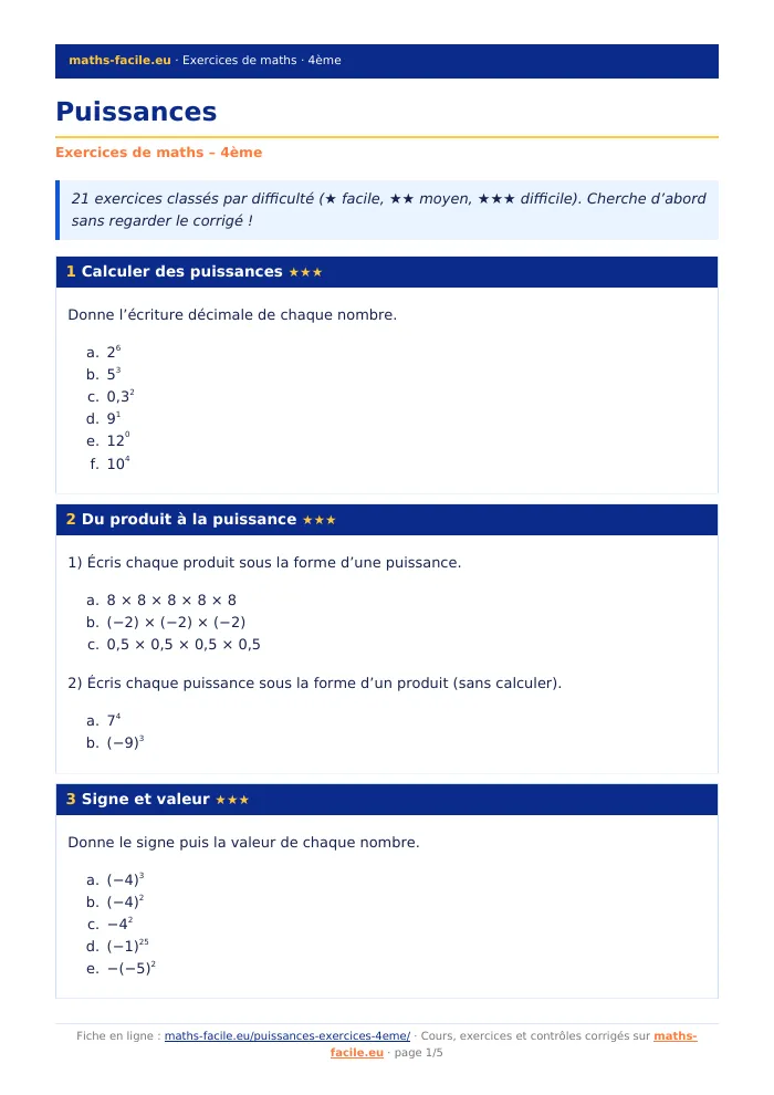 Fiche PDF : Puissances (4ème)