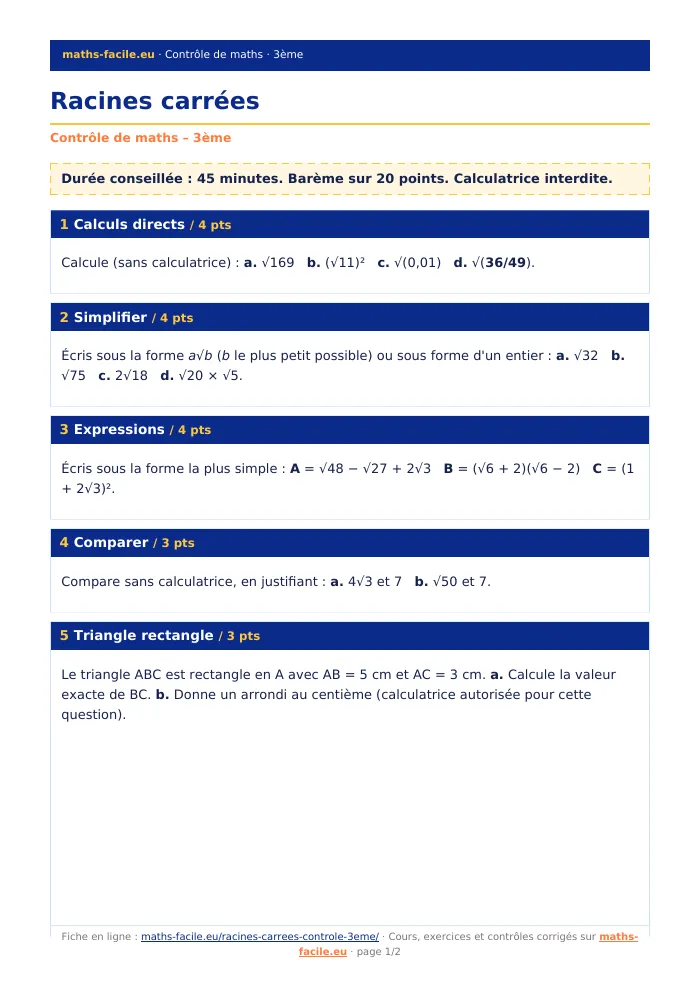 Fiche PDF : Racines carrées (3ème)