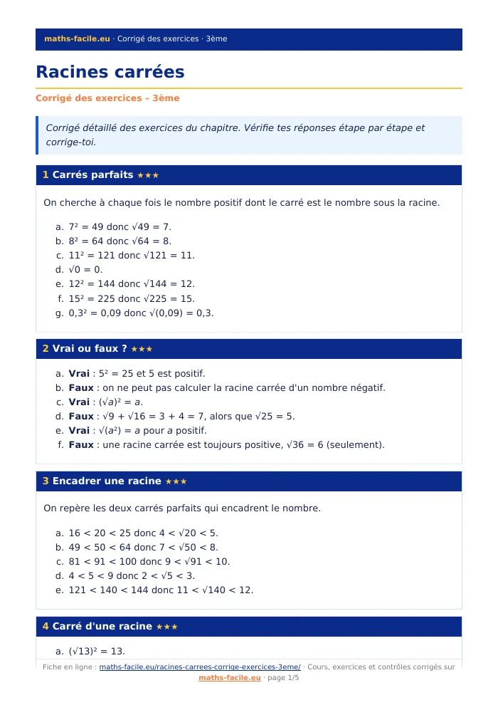 Fiche PDF : Racines carrées (3ème)