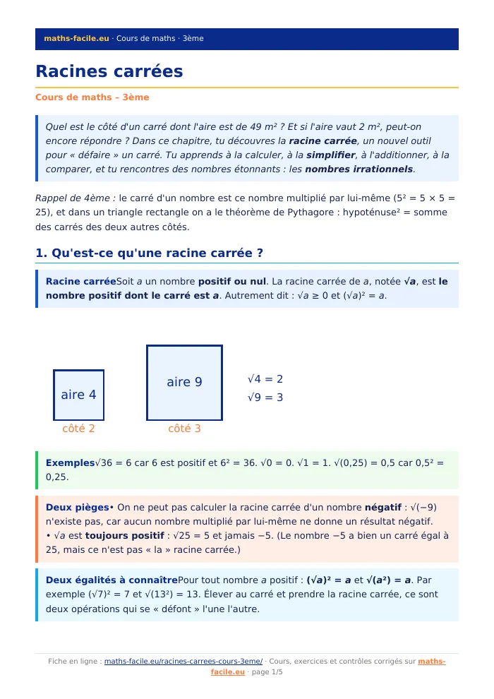 Fiche PDF : Racines carrées (3ème)