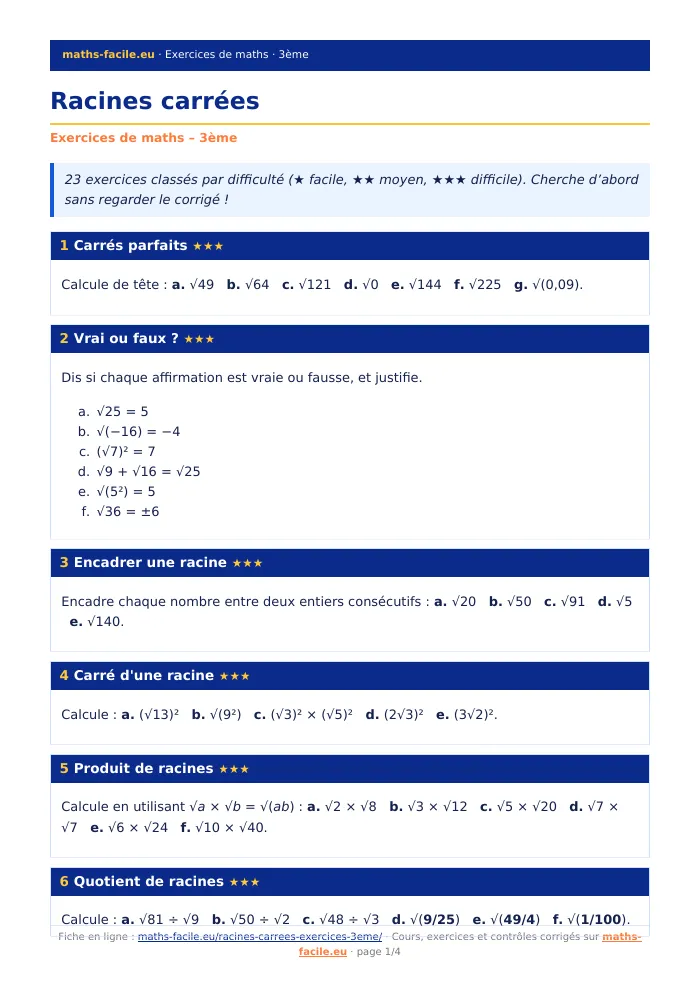 Fiche PDF : Racines carrées (3ème)