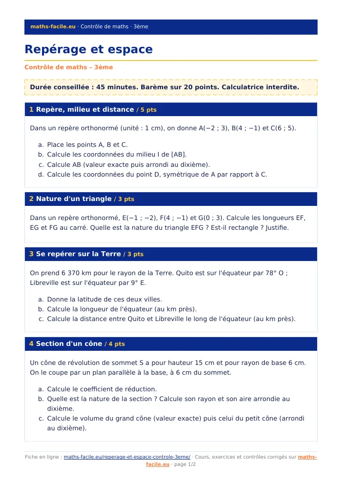 Fiche PDF : Repérage et espace (3ème)