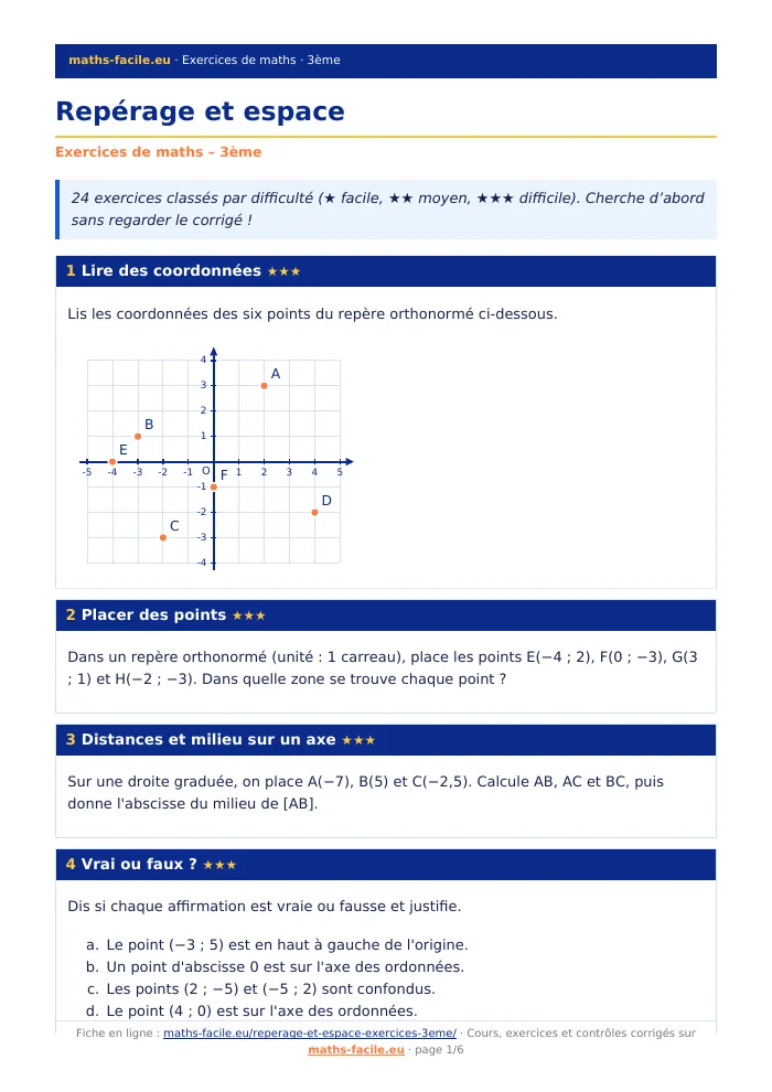 Fiche PDF : Repérage et espace (3ème)