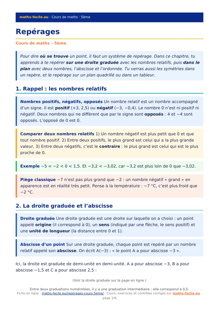 Fiche PDF : Repérages (5ème)
