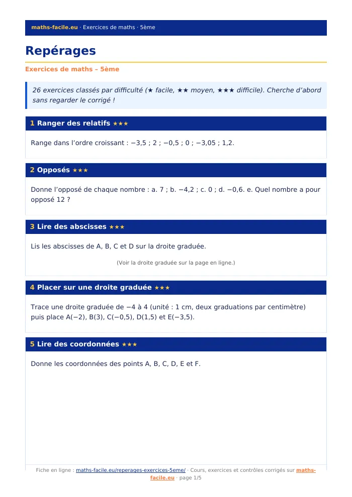 Fiche PDF : Repérages (5ème)