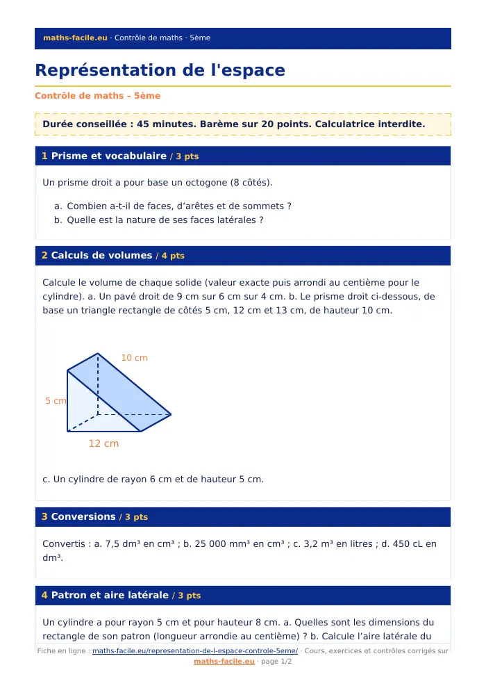 Fiche PDF : Représentation de l&rsquo;espace (5ème)