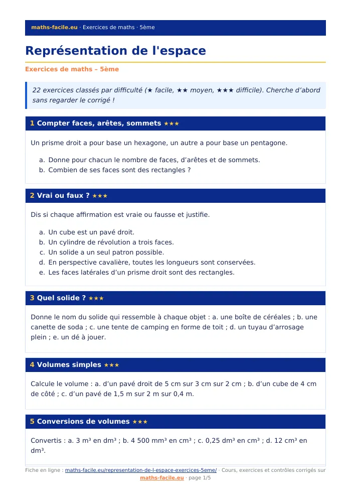 Fiche PDF : Représentation de l&rsquo;espace (5ème)