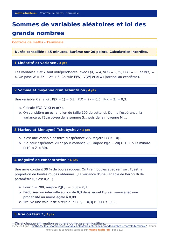 Fiche PDF : Sommes de variables aléatoires et loi des grands nombres (Terminale)