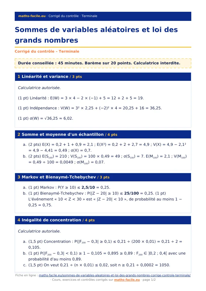Fiche PDF : Sommes de variables aléatoires et loi des grands nombres (Terminale)