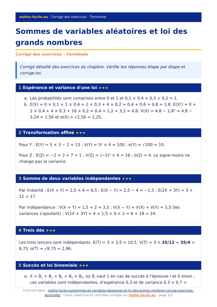 Fiche PDF : Sommes de variables aléatoires et loi des grands nombres (Terminale)