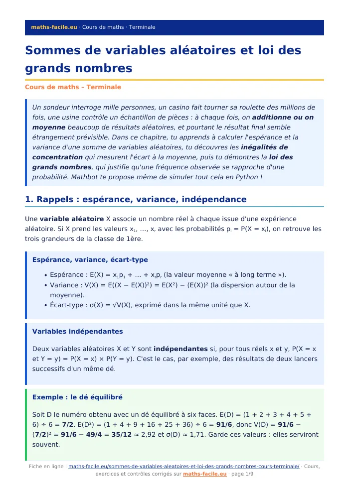 Fiche PDF : Sommes de variables aléatoires et loi des grands nombres (Terminale)