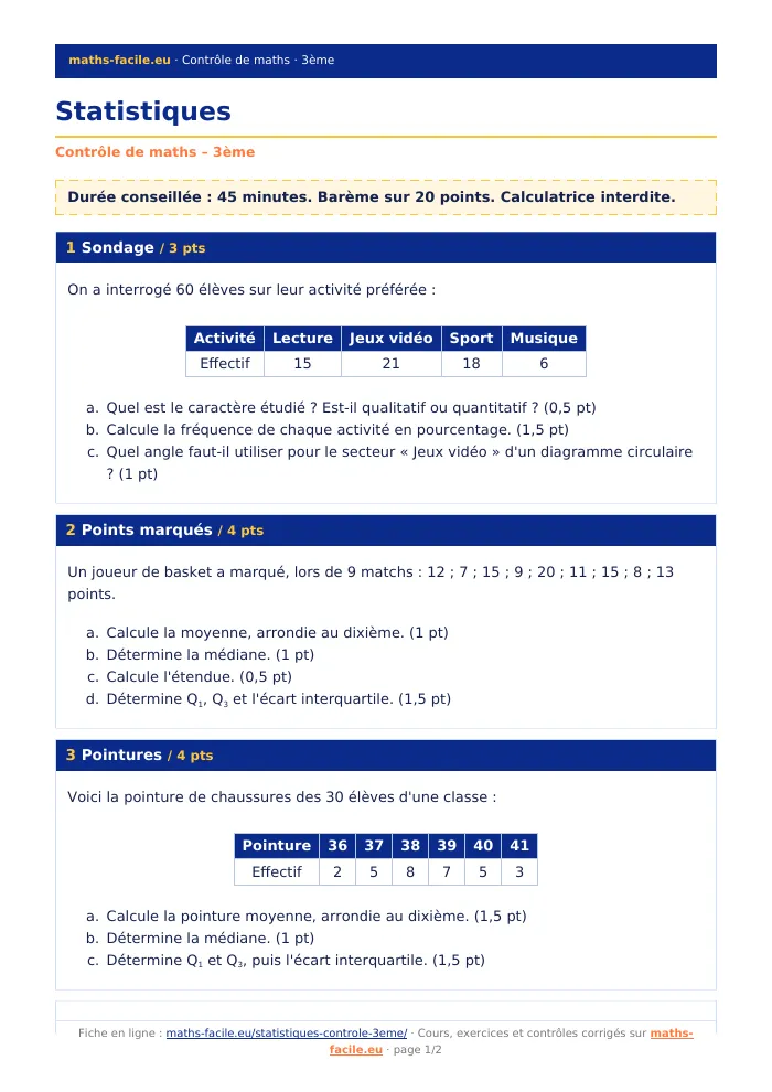 Fiche PDF : Statistiques (3ème)