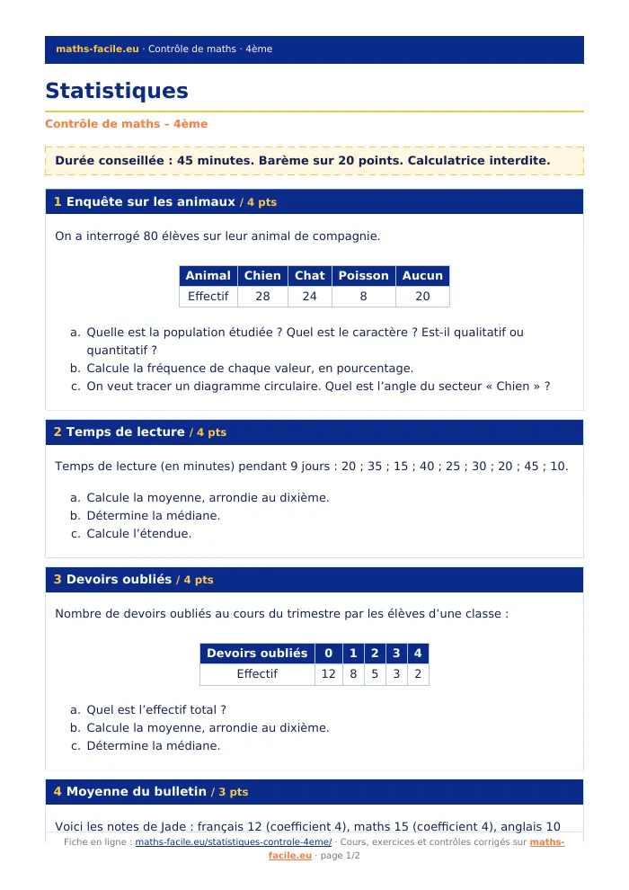 Fiche PDF : Statistiques (4ème)