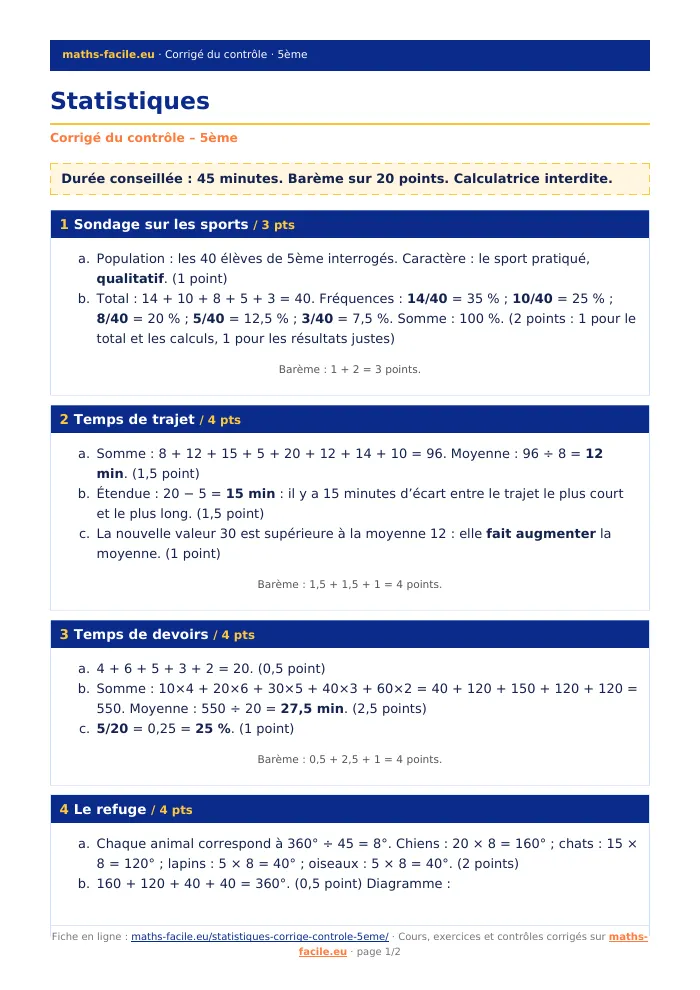 Fiche PDF : Statistiques (5ème)