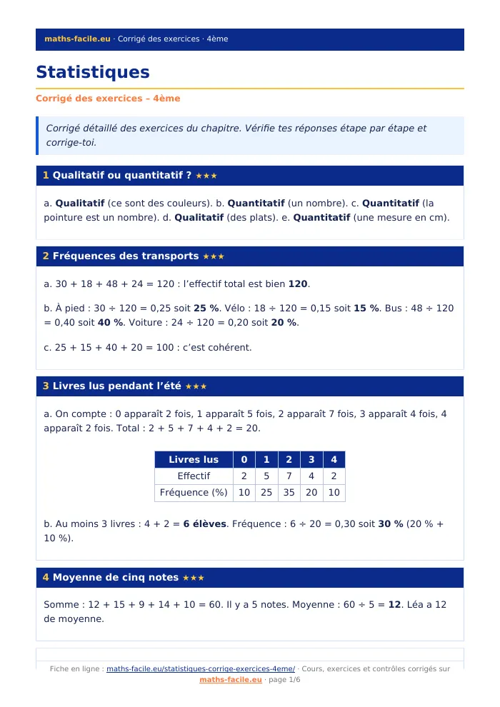 Fiche PDF : Statistiques (4ème)