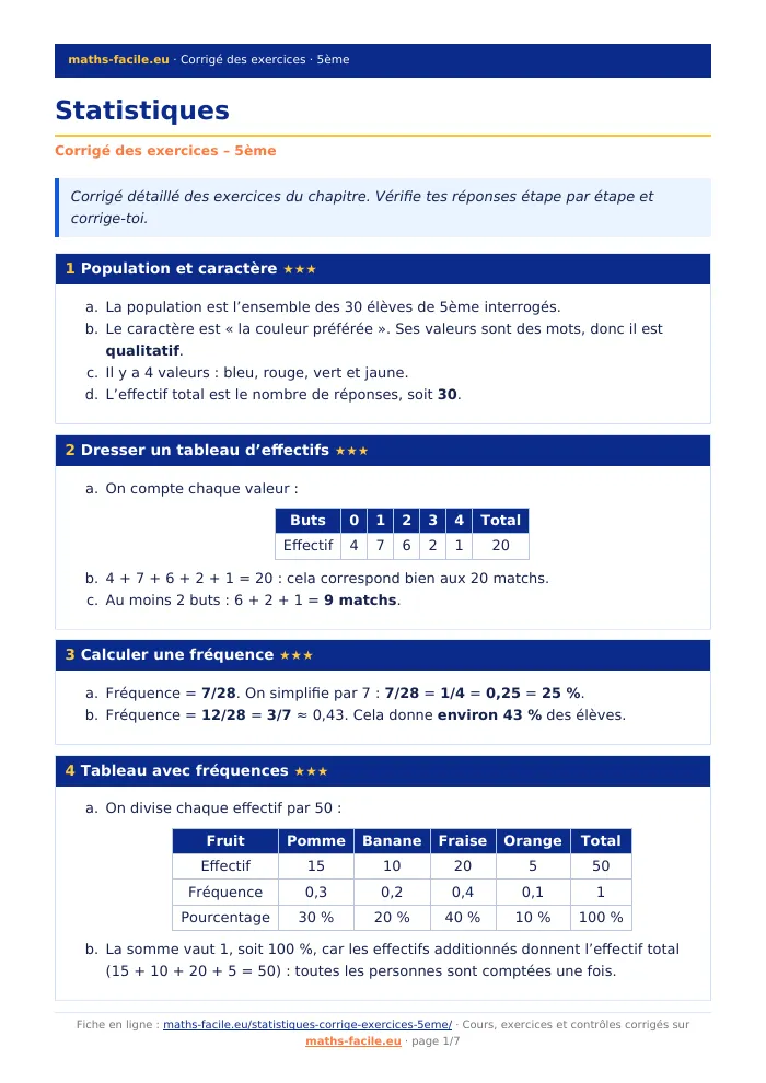 Fiche PDF : Statistiques (5ème)