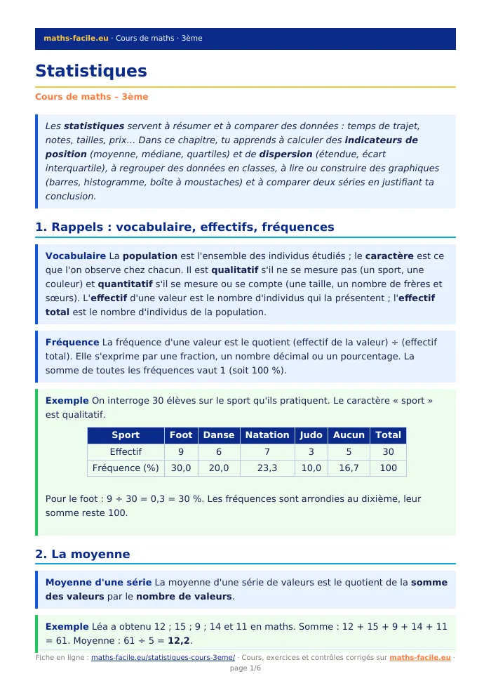 Fiche PDF : Statistiques (3ème)