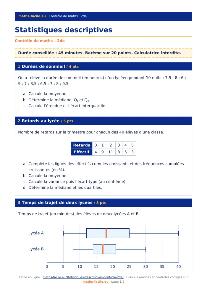Fiche PDF : Statistiques descriptives (2de)