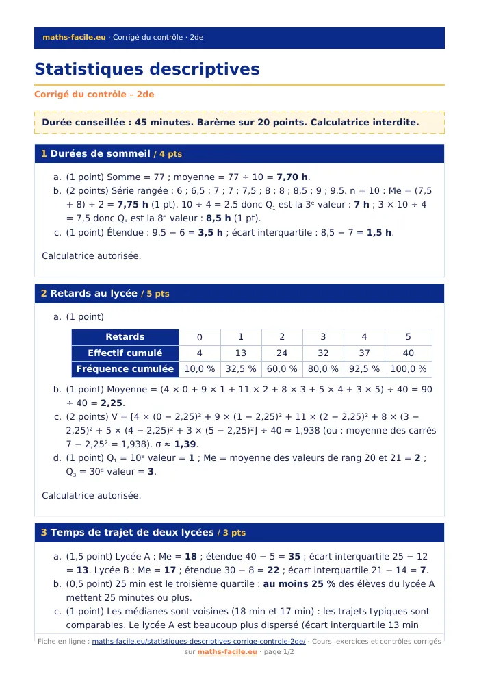 Fiche PDF : Statistiques descriptives (2de)