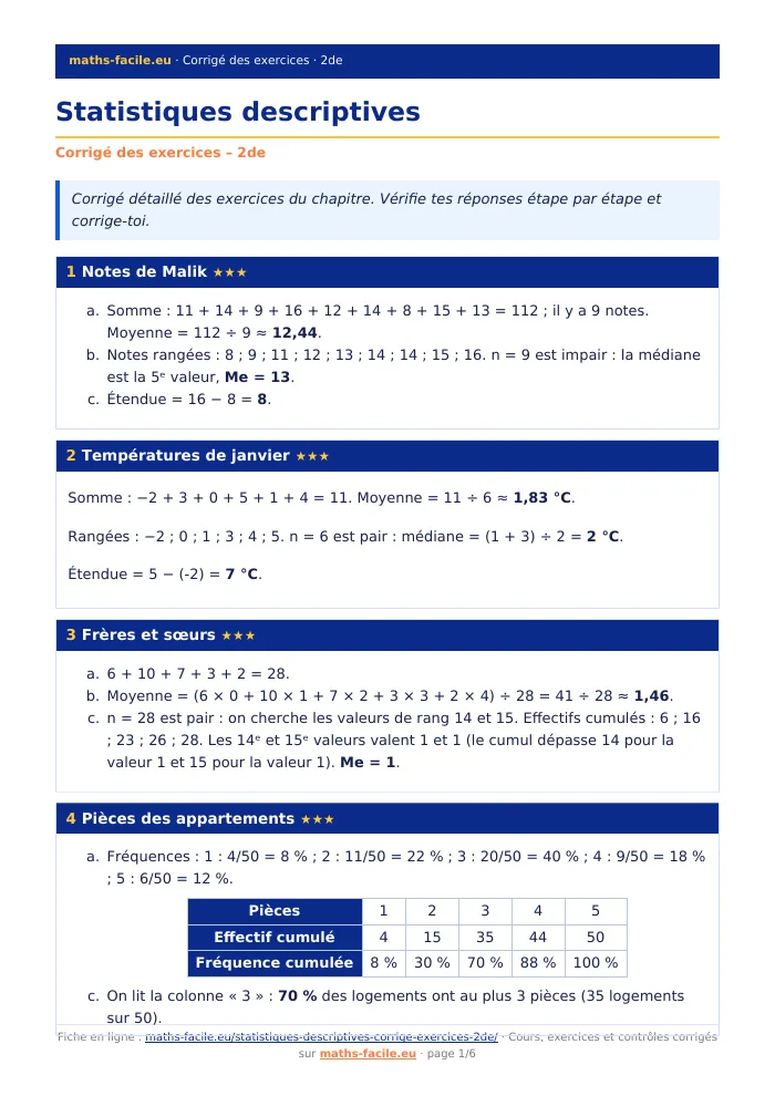 Fiche PDF : Statistiques descriptives (2de)