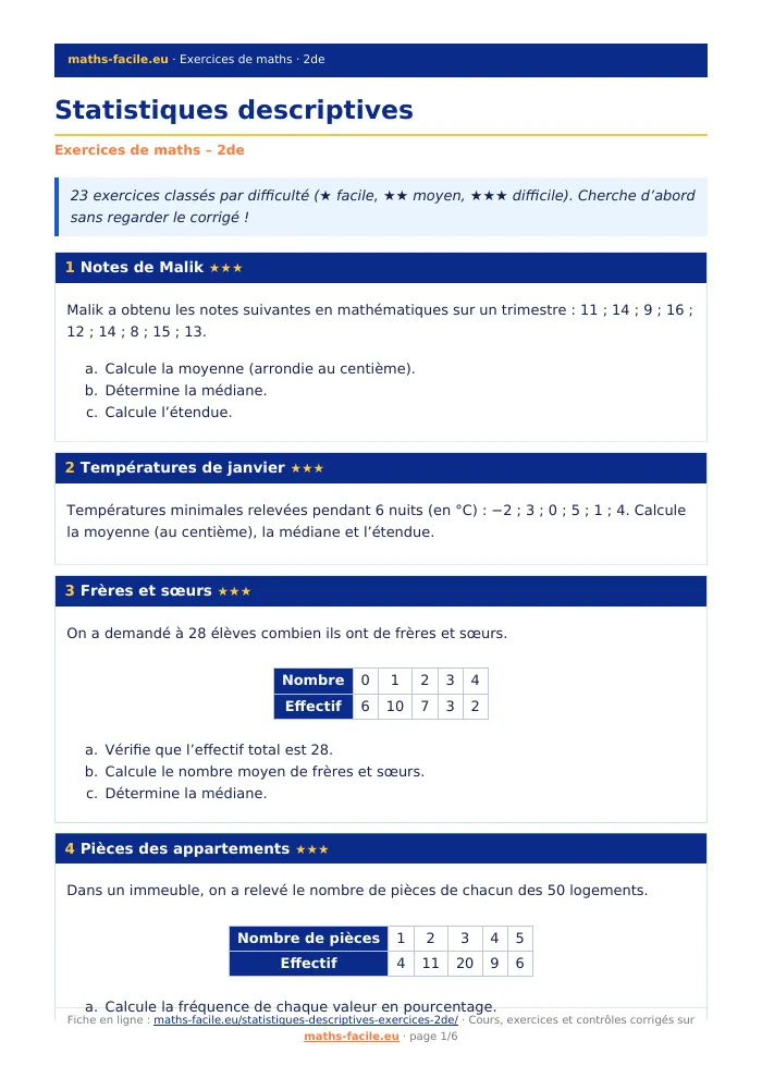 Fiche PDF : Statistiques descriptives (2de)