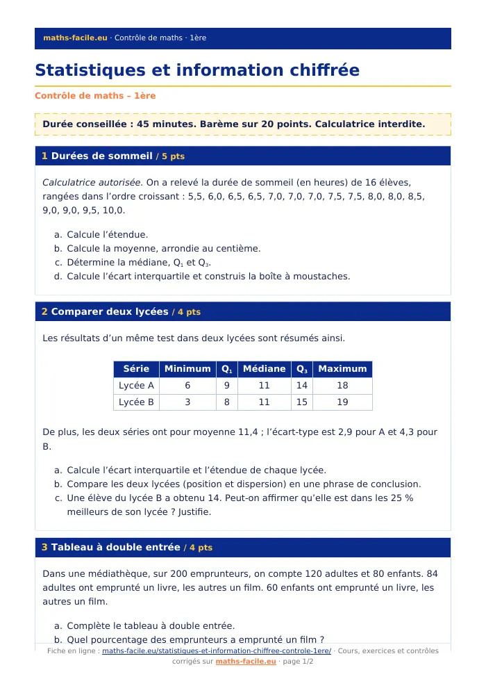 Fiche PDF : Statistiques et information chiffrée (1ère)