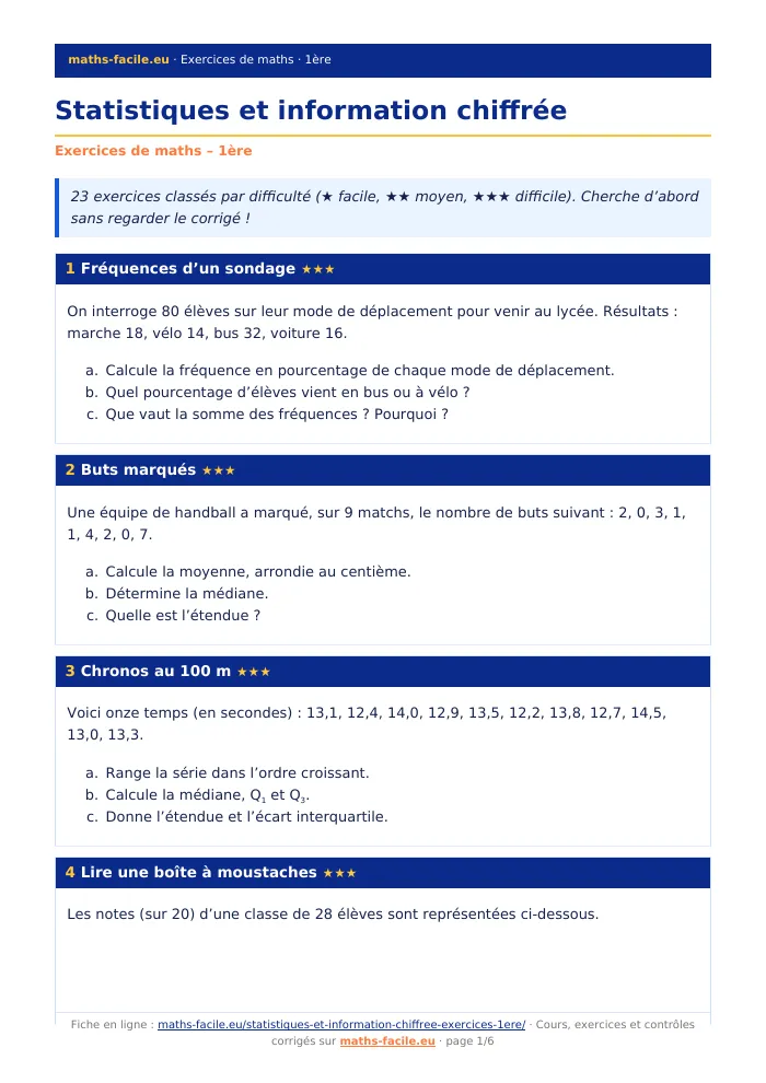 Fiche PDF : Statistiques et information chiffrée (1ère)