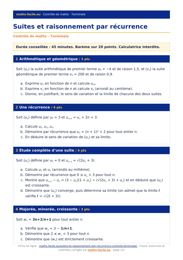 Fiche PDF : Suites et raisonnement par récurrence (Terminale)