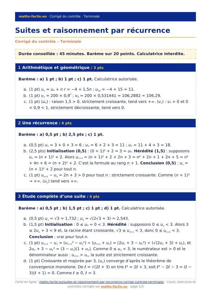 Fiche PDF : Suites et raisonnement par récurrence (Terminale)