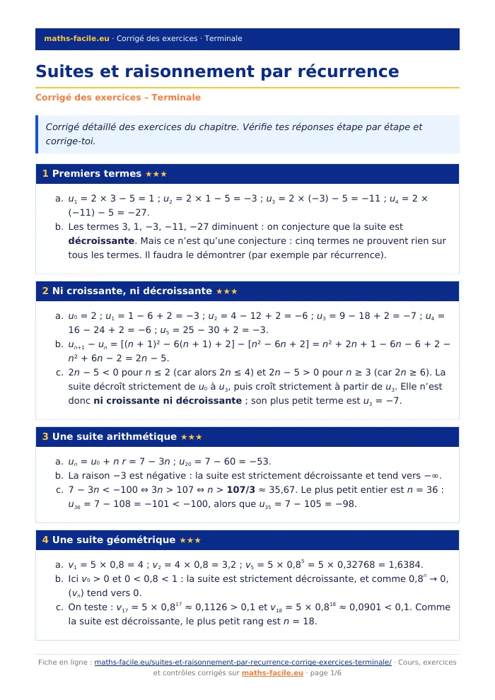 Fiche PDF : Suites et raisonnement par récurrence (Terminale)