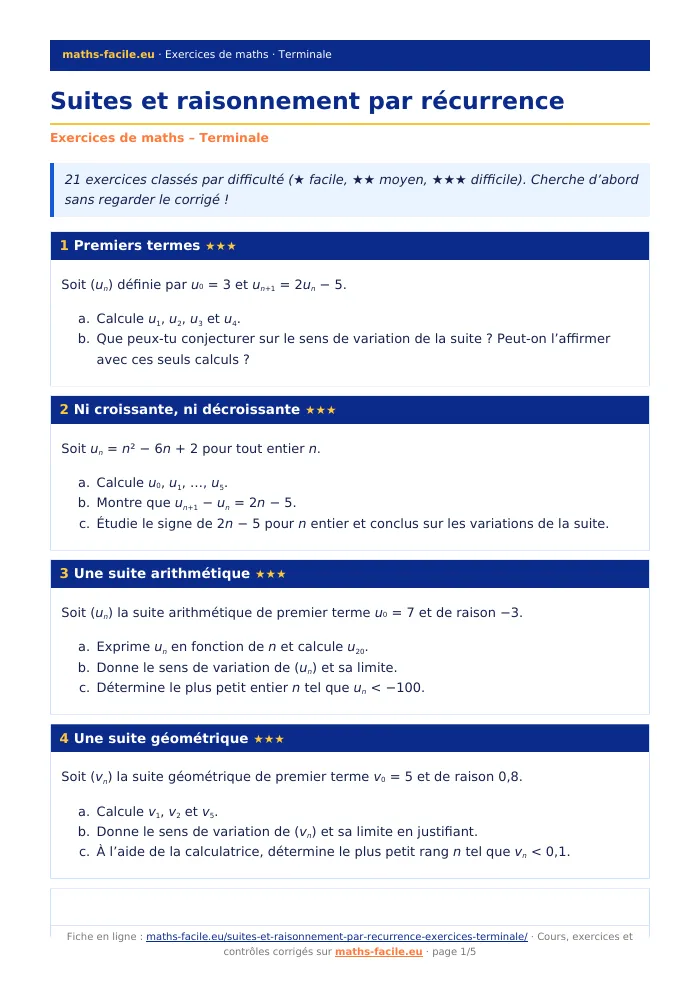 Fiche PDF : Suites et raisonnement par récurrence (Terminale)