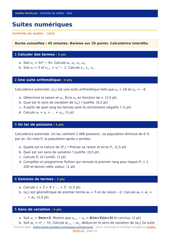 Fiche PDF : Suites numériques (1ère)