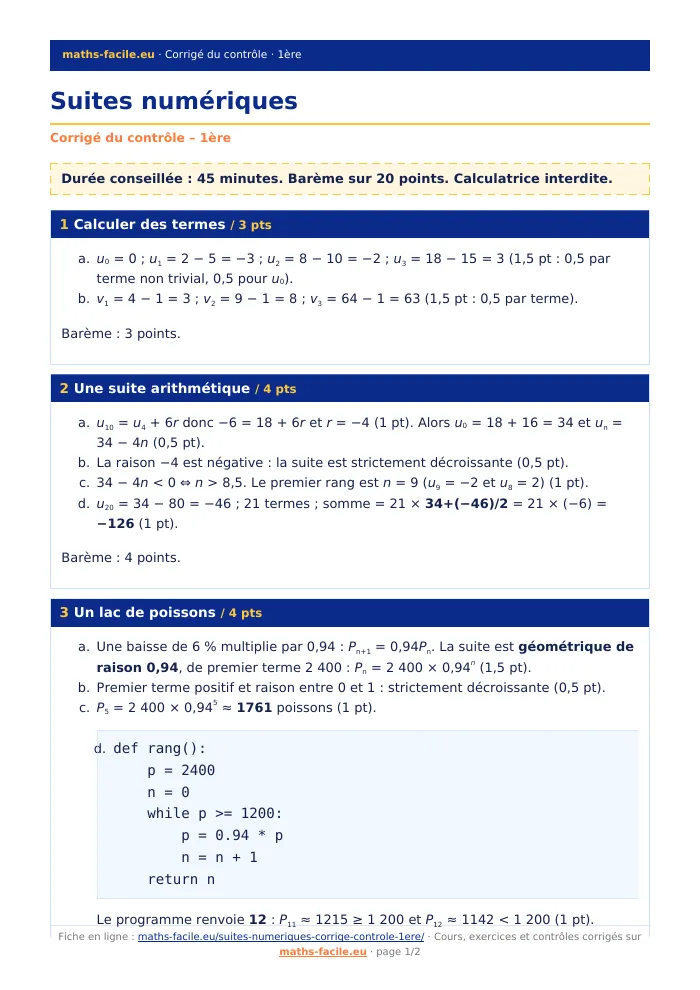 Fiche PDF : Suites numériques (1ère)