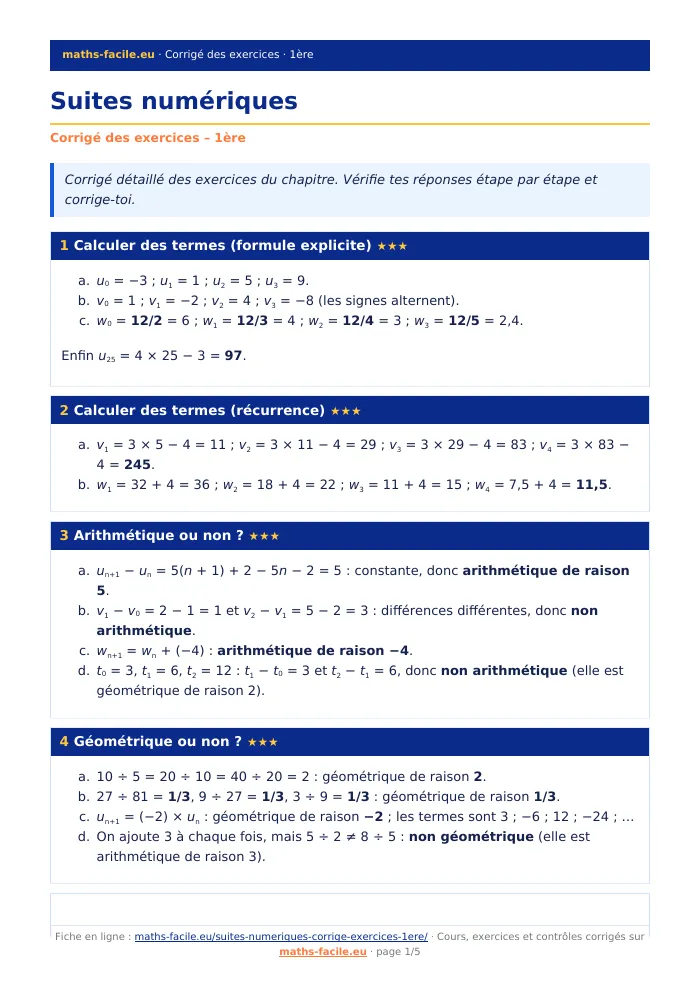 Fiche PDF : Suites numériques (1ère)