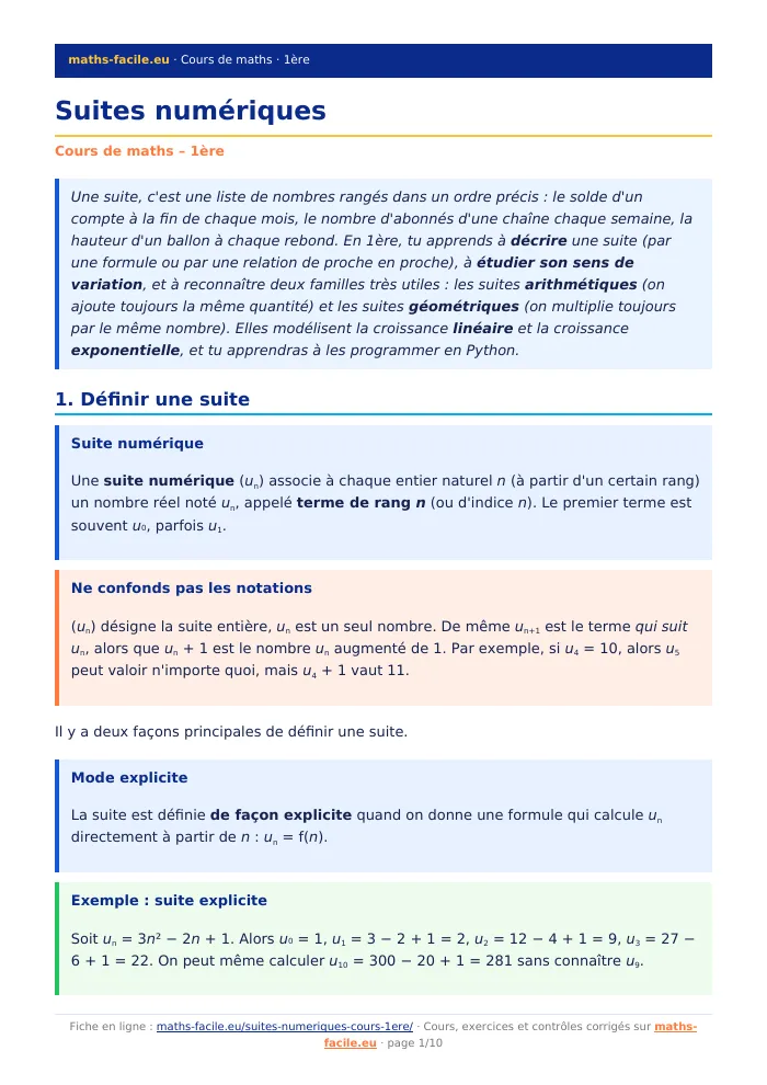 Fiche PDF : Suites numériques (1ère)