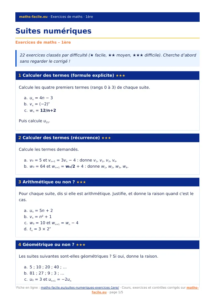 Fiche PDF : Suites numériques (1ère)