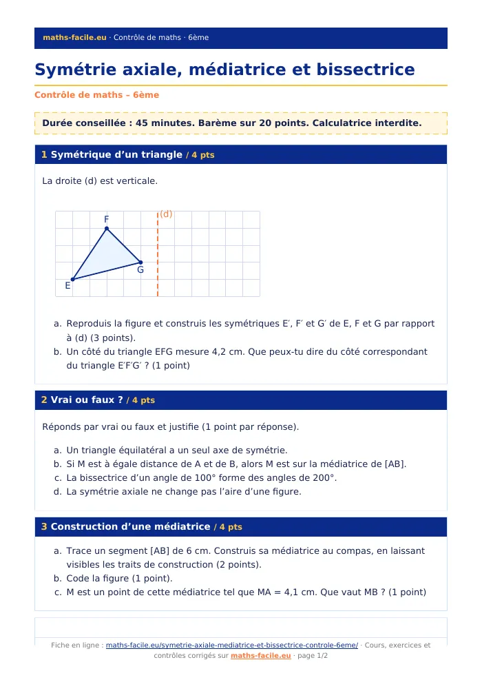 Fiche PDF : Symétrie axiale, médiatrice et bissectrice (6ème)